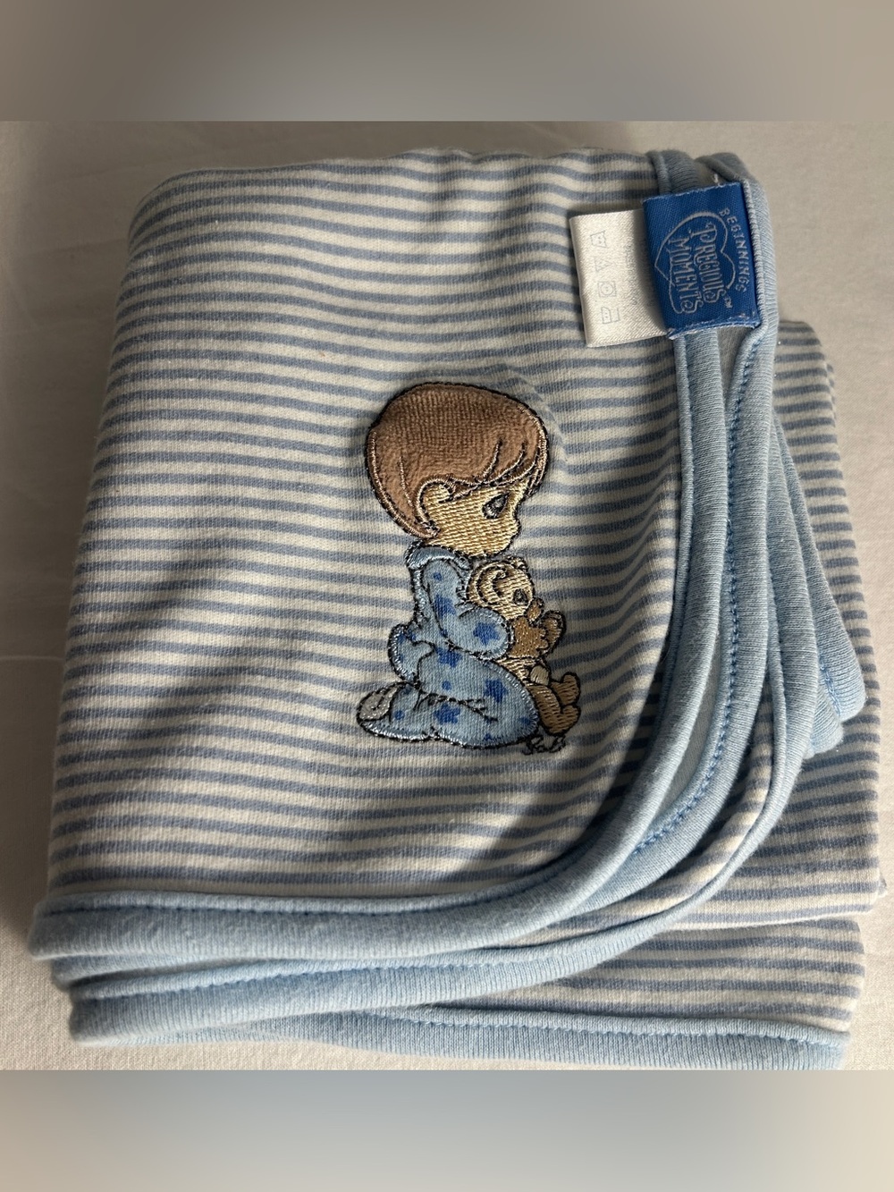 Vintage 2009 Precious Moments Beginnings Baby Blanket Blue Stripe Boy bear 25x25